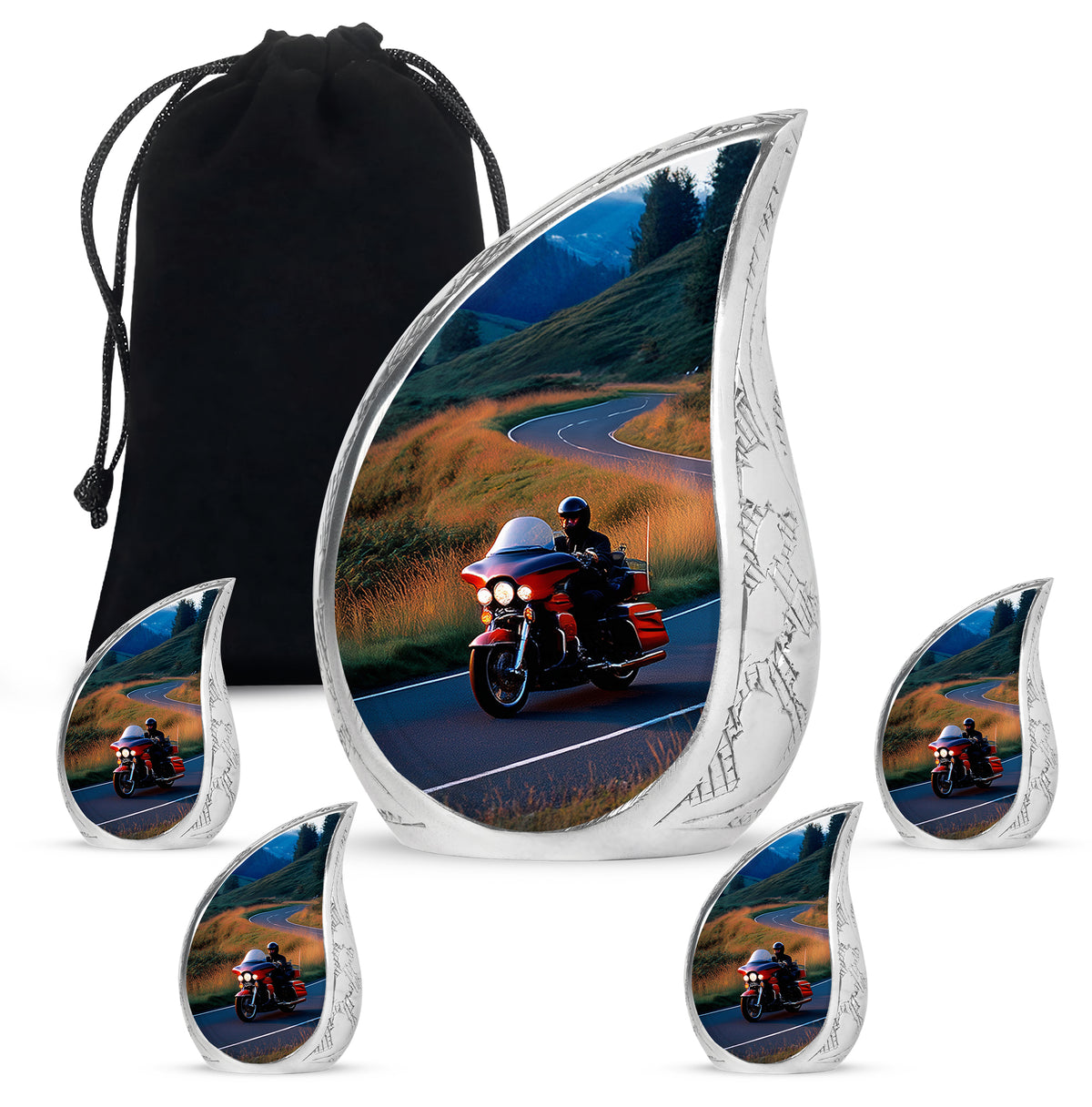 Cornflower Blue Bike Cremation Urn side profile showing urn shape - graceful tear-shaped urn with bike motif - memorial set with one large and four small urns
