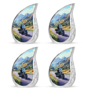 Misty Blue Bike Cremation Urn close-up of engraving and surface detail - flowing teardrop bike silhouette on curved aluminum - 10 inch aluminum urn for cremated remains