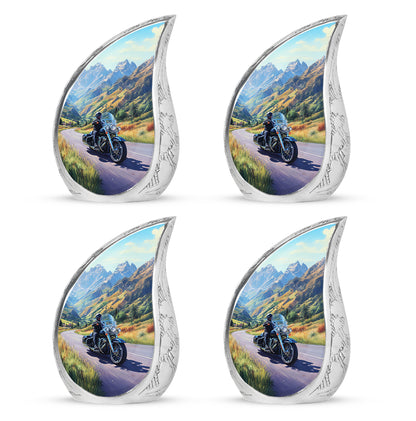 Misty Blue Bike Cremation Urn close-up of engraving and surface detail - flowing teardrop bike silhouette on curved aluminum - 10 inch aluminum urn for cremated remains