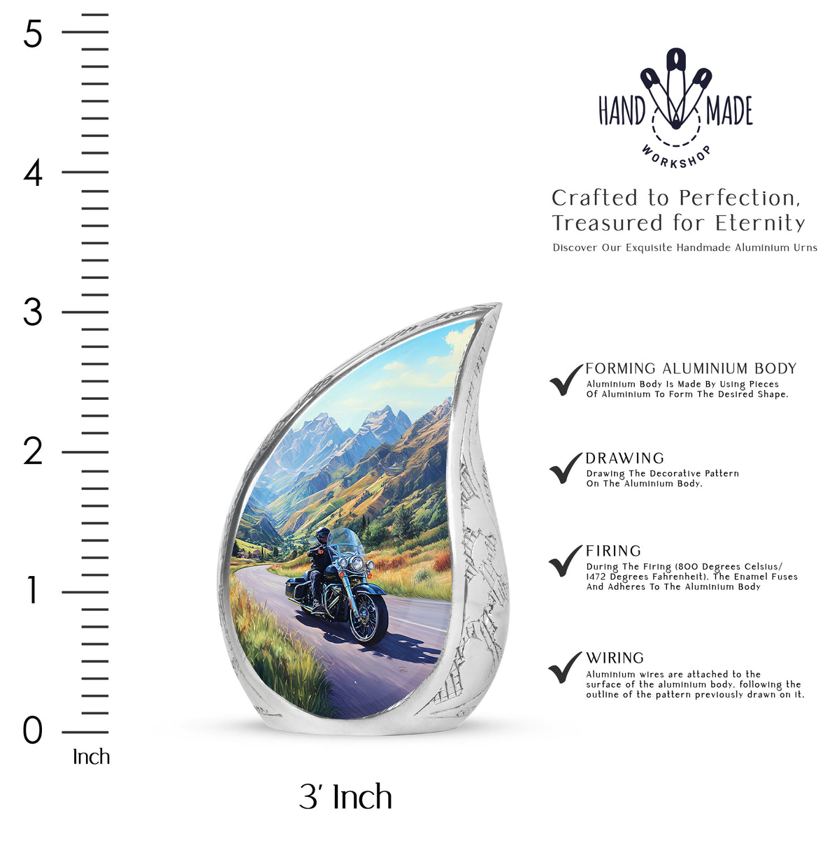 Azure Bike Cremation Urn angled view of lid and engraved motif - flowing teardrop bike silhouette on curved aluminum - mini keepsake memorial for portion of cremation ashes