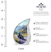 Azure Bike Cremation Urn angled view of lid and engraved motif - flowing teardrop bike silhouette on curved aluminum - mini keepsake memorial for portion of cremation ashes