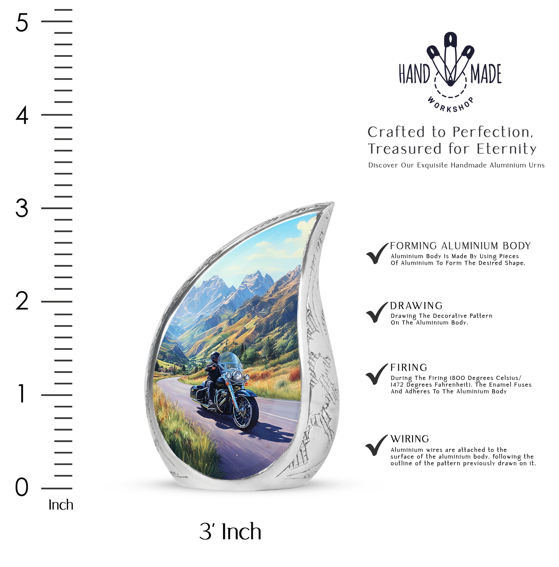 Azure Bike Cremation Urn angled view of lid and engraved motif - flowing teardrop bike silhouette on curved aluminum - mini keepsake memorial for portion of cremation ashes