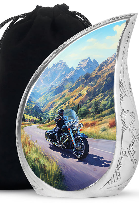 Slate Blue Bike Cremation Urn front view showing detailed design - rounded teardrop bike design with delicate detail - full-size 10 inch 200 cubic inch adult cremation urn