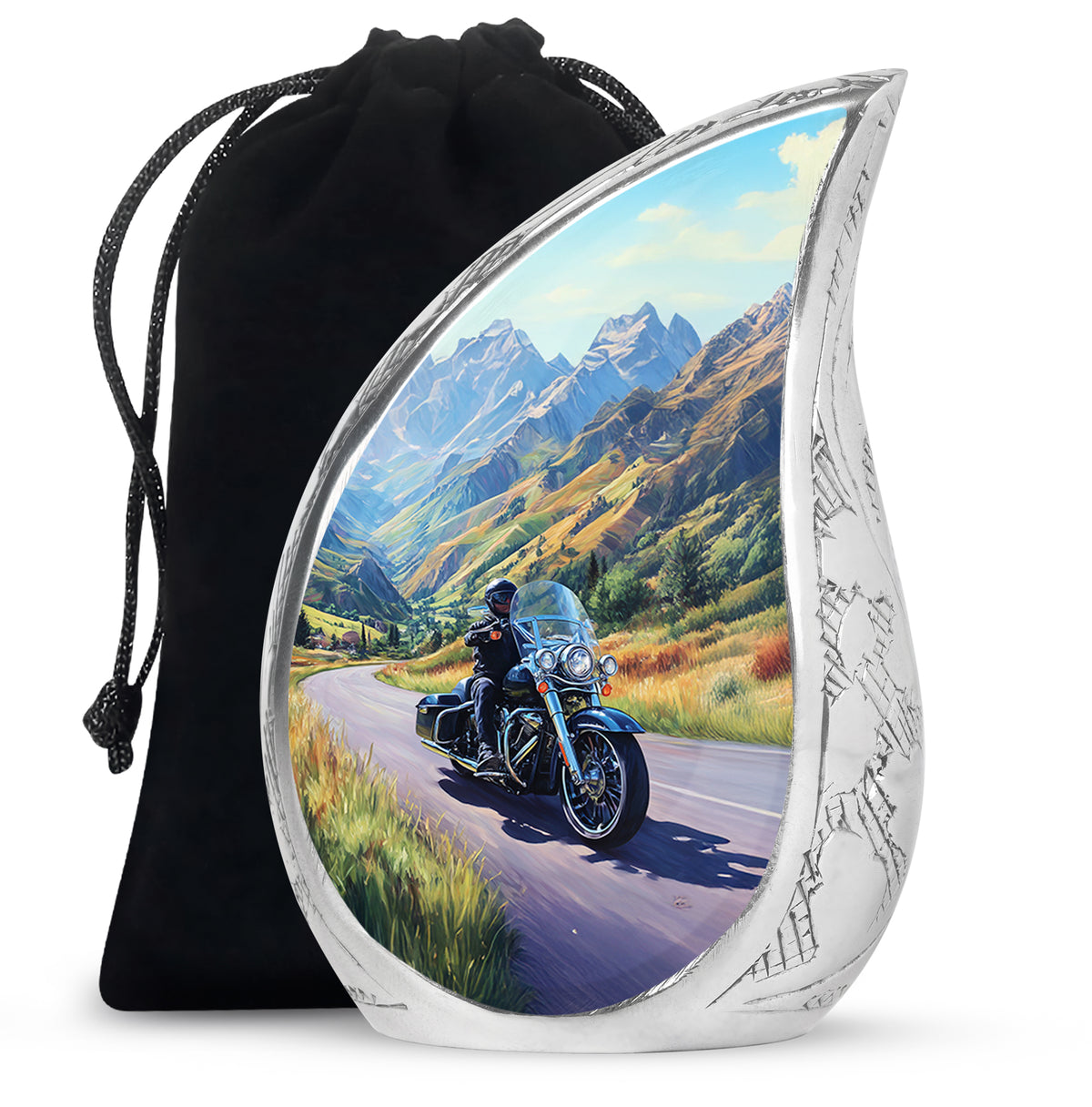 Slate Blue Bike Cremation Urn front view showing detailed design - rounded teardrop bike design with delicate detail - full-size 10 inch 200 cubic inch adult cremation urn