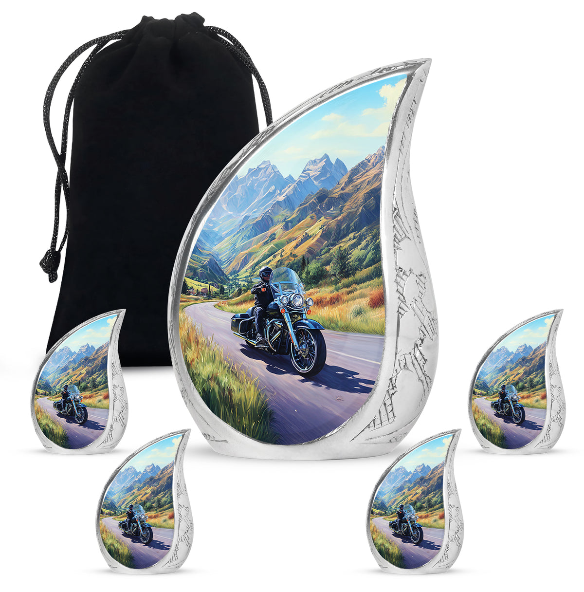 Powder Blue Bike Cremation Urn side profile showing urn shape - flowing teardrop bike silhouette on curved aluminum - memorial set with one large and four small urns
