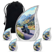 Powder Blue Bike Cremation Urn side profile showing urn shape - flowing teardrop bike silhouette on curved aluminum - memorial set with one large and four small urns