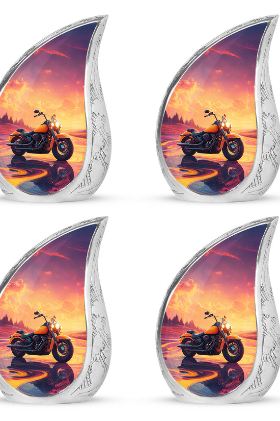 Peony Pink Bike Cremation Urn close-up of engraving and surface detail - rounded teardrop bike design with delicate detail - 10 inch aluminum urn for cremated remains