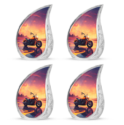 Peony Pink Bike Cremation Urn close-up of engraving and surface detail - rounded teardrop bike design with delicate detail - 10 inch aluminum urn for cremated remains