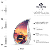 Peony Pink Bike Cremation Urn angled view of lid and engraved motif - flowing teardrop bike silhouette on curved aluminum - mini keepsake memorial for portion of cremation ashes