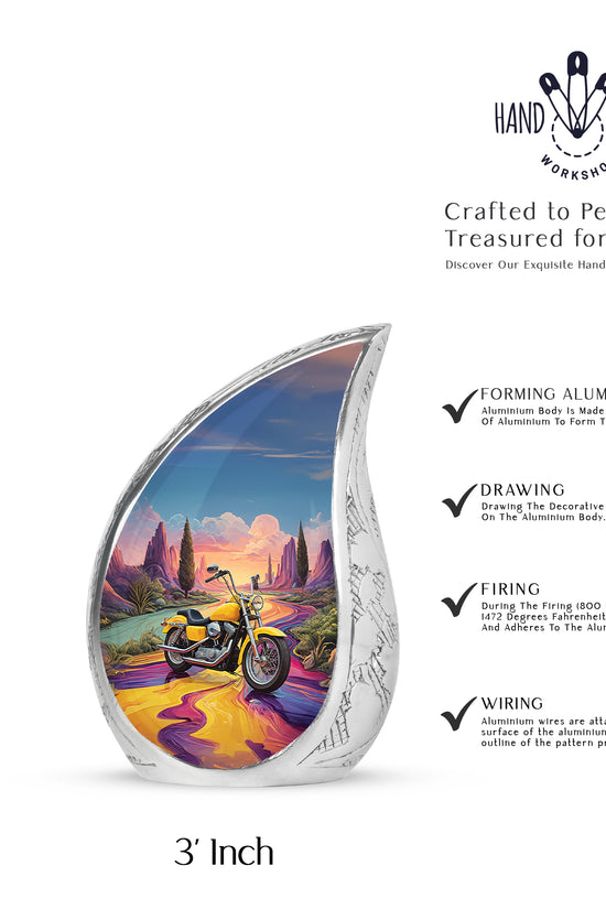 Vivid Blue Bike Cremation Urn angled view of lid and engraved motif - smooth teardrop contour featuring bike art - mini keepsake memorial for portion of cremation ashes