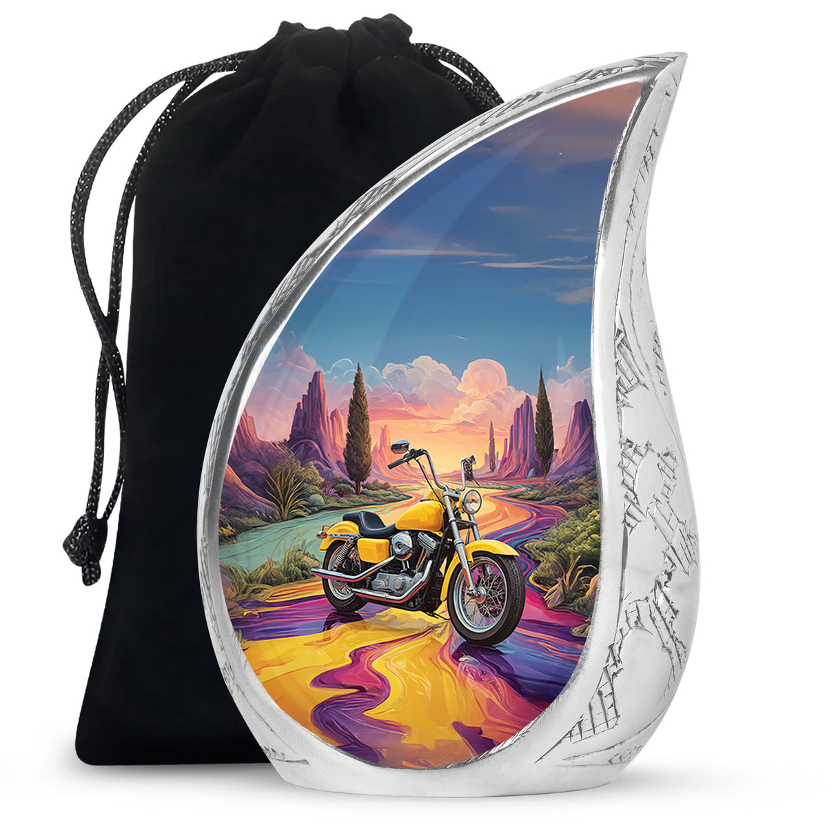Sky Blue Bike Cremation Urn front view showing detailed design - flowing teardrop bike silhouette on curved aluminum - full-size 10 inch 200 cubic inch adult cremation urn