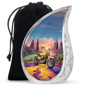Sky Blue Bike Cremation Urn front view showing detailed design - flowing teardrop bike silhouette on curved aluminum - full-size 10 inch 200 cubic inch adult cremation urn