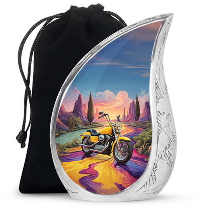 Sky Blue Bike Cremation Urn front view showing detailed design - flowing teardrop bike silhouette on curved aluminum - full-size 10 inch 200 cubic inch adult cremation urn