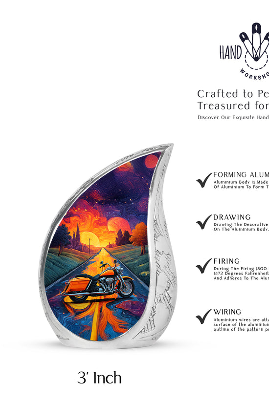 Majestic Purple Bike Cremation Urn angled view of lid and engraved motif - flowing teardrop bike silhouette on curved aluminum - mini keepsake memorial for portion of cremation ashes