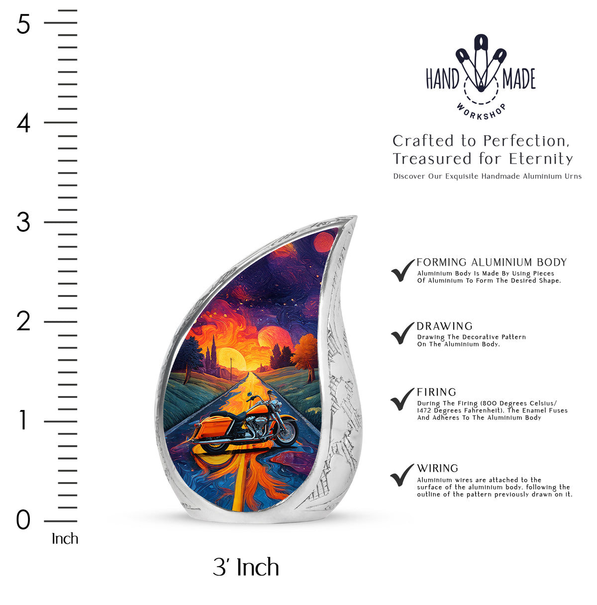 Majestic Purple Bike Cremation Urn angled view of lid and engraved motif - flowing teardrop bike silhouette on curved aluminum - mini keepsake memorial for portion of cremation ashes