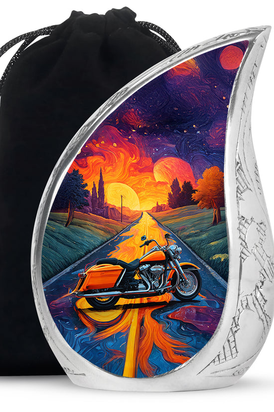 Twilight Purple Bike Cremation Urn front view showing detailed design - smooth teardrop contour featuring bike art - full-size 10 inch 200 cubic inch adult cremation urn