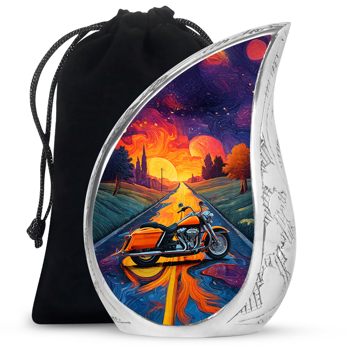 Twilight Purple Bike Cremation Urn front view showing detailed design - smooth teardrop contour featuring bike art - full-size 10 inch 200 cubic inch adult cremation urn