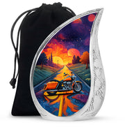 Twilight Purple Bike Cremation Urn front view showing detailed design - smooth teardrop contour featuring bike art - full-size 10 inch 200 cubic inch adult cremation urn