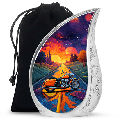 Twilight Purple Bike Cremation Urn front view showing detailed design - smooth teardrop contour featuring bike art - full-size 10 inch 200 cubic inch adult cremation urn