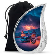 Twilight Blue Bike Cremation Urn front view showing detailed design - graceful tear-shaped urn with bike motif - full-size 10 inch 200 cubic inch adult cremation urn