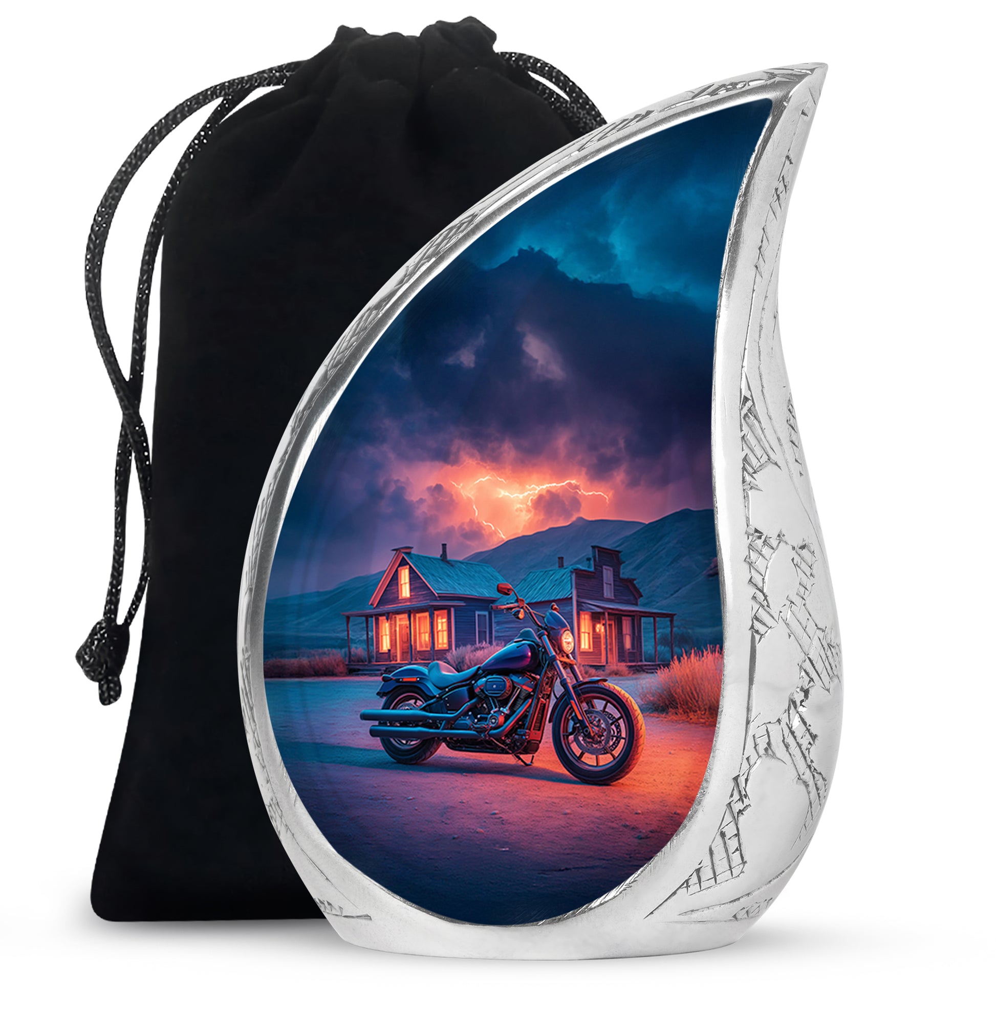 Twilight Blue Bike Cremation Urn front view showing detailed design - graceful tear-shaped urn with bike motif - full-size 10 inch 200 cubic inch adult cremation urn