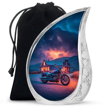 Twilight Blue Bike Cremation Urn front view showing detailed design - graceful tear-shaped urn with bike motif - full-size 10 inch 200 cubic inch adult cremation urn