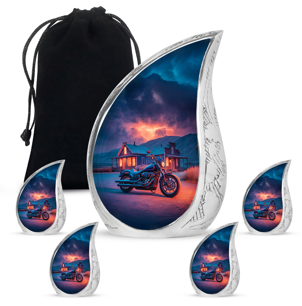Icy Blue Bike Cremation Urn side profile showing urn shape - flowing teardrop bike silhouette on curved aluminum - memorial set with one large and four small urns