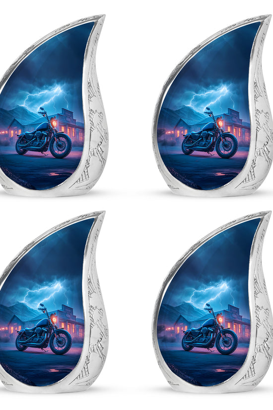 Indigo Bike Cremation Urn close-up of engraving and surface detail - flowing teardrop bike silhouette on curved aluminum - 10 inch aluminum urn for cremated remains