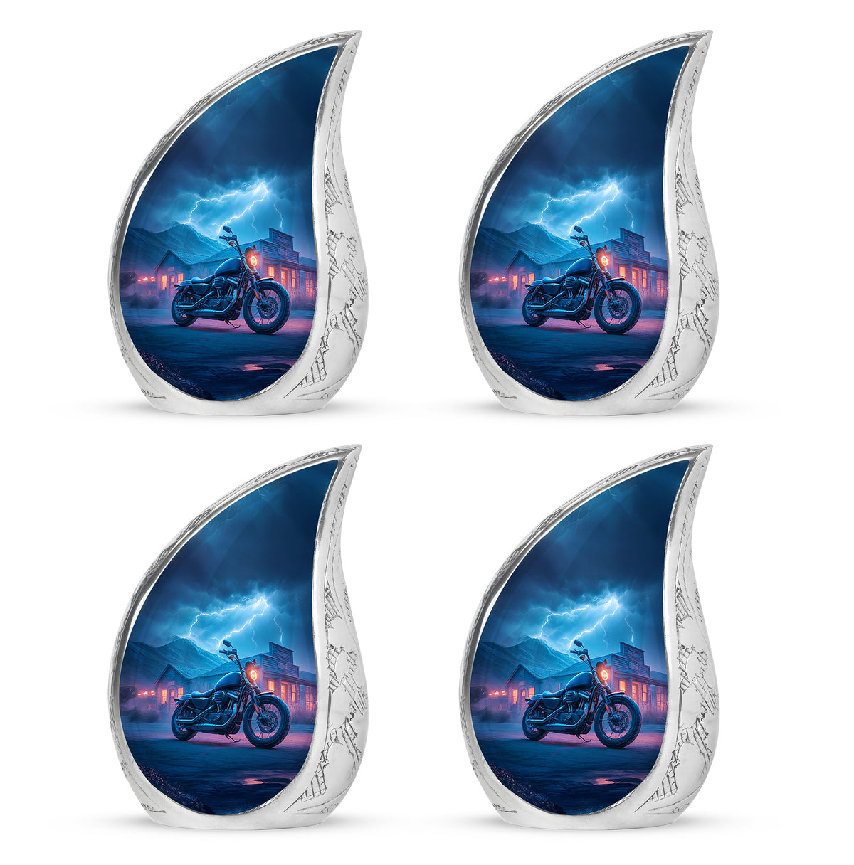 Indigo Bike Cremation Urn close-up of engraving and surface detail - flowing teardrop bike silhouette on curved aluminum - 10 inch aluminum urn for cremated remains