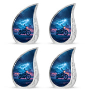 Indigo Bike Cremation Urn close-up of engraving and surface detail - flowing teardrop bike silhouette on curved aluminum - 10 inch aluminum urn for cremated remains