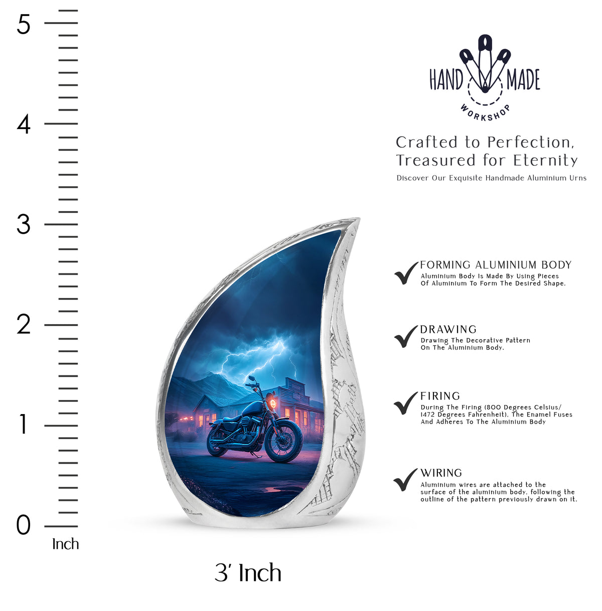 Calming Blue Bike Cremation Urn angled view of lid and engraved motif - graceful tear-shaped urn with bike motif - mini keepsake memorial for portion of cremation ashes