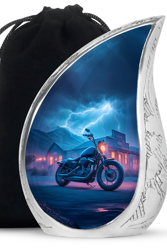 Cornflower Blue Bike Cremation Urn front view showing detailed design - graceful tear-shaped urn with bike motif - full-size 10 inch 200 cubic inch adult cremation urn