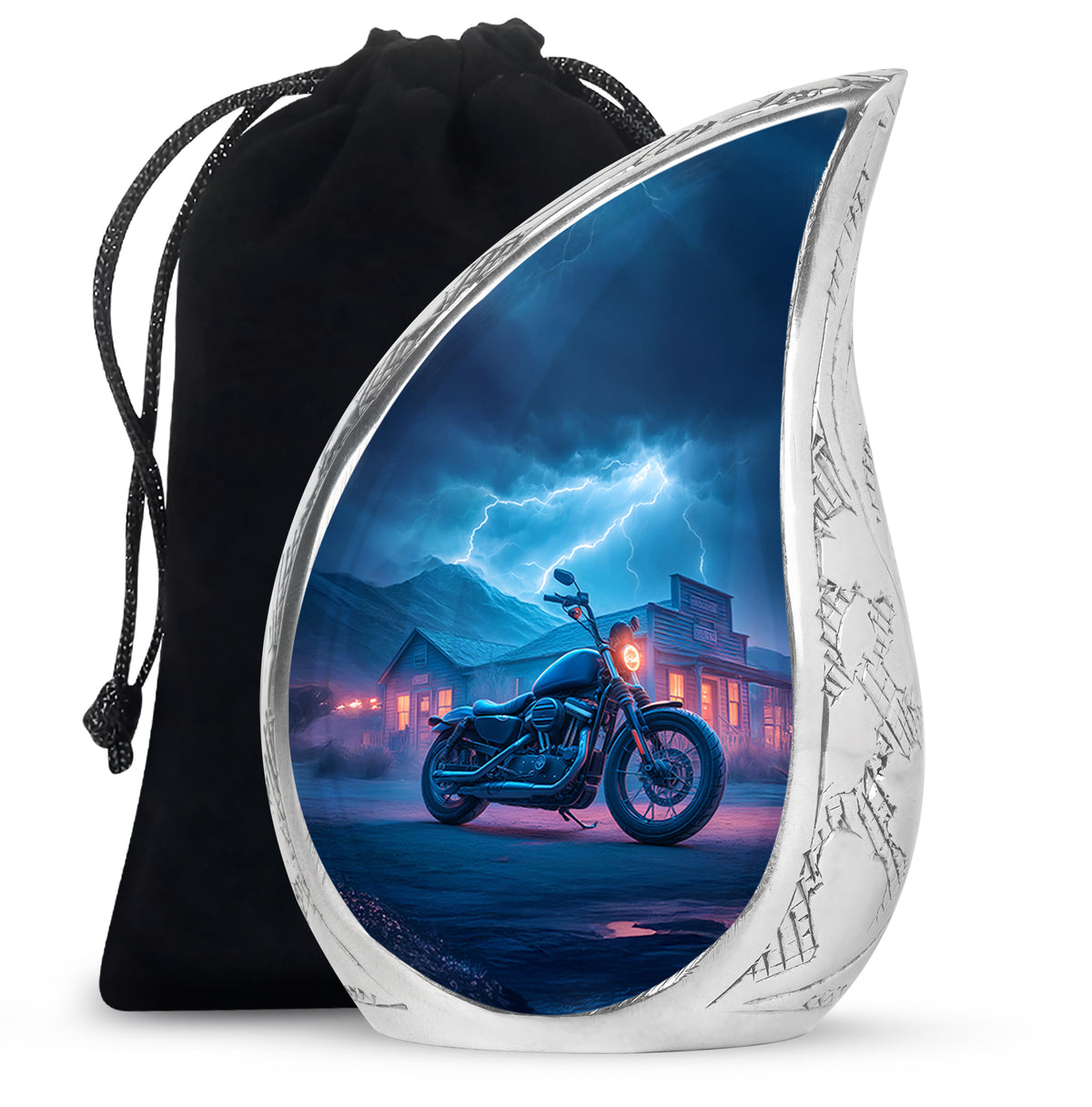 Cornflower Blue Bike Cremation Urn front view showing detailed design - graceful tear-shaped urn with bike motif - full-size 10 inch 200 cubic inch adult cremation urn
