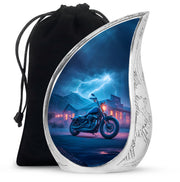 Cornflower Blue Bike Cremation Urn front view showing detailed design - graceful tear-shaped urn with bike motif - full-size 10 inch 200 cubic inch adult cremation urn