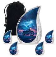 Slate Blue Bike Cremation Urn side profile showing urn shape - flowing teardrop bike silhouette on curved aluminum - memorial set with one large and four small urns