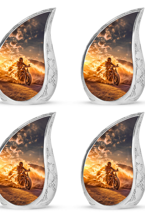 Harvest Gold Bike Cremation Urn close-up of engraving and surface detail - graceful tear-shaped urn with bike motif - 10 inch aluminum urn for cremated remains