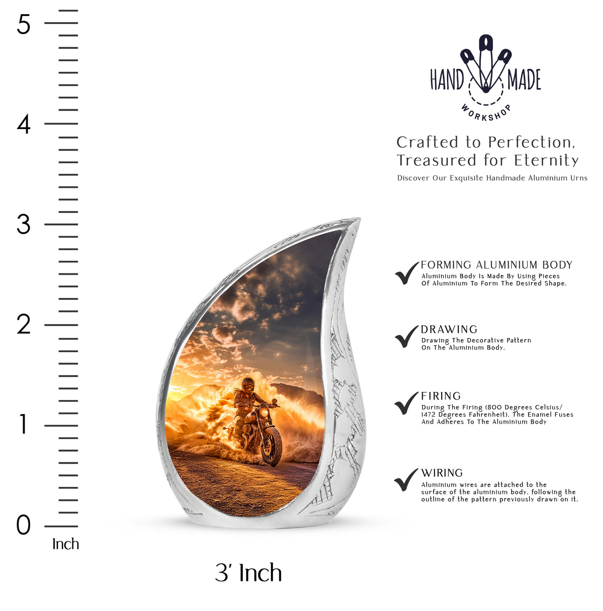 Warm Gold Bike Cremation Urn angled view of lid and engraved motif - graceful tear-shaped urn with bike motif - mini keepsake memorial for portion of cremation ashes
