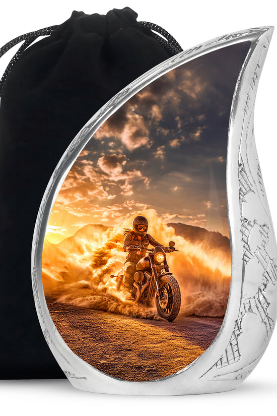Sunrise Gold Bike Cremation Urn front view showing detailed design - rounded teardrop bike design with delicate detail - full-size 10 inch 200 cubic inch adult cremation urn