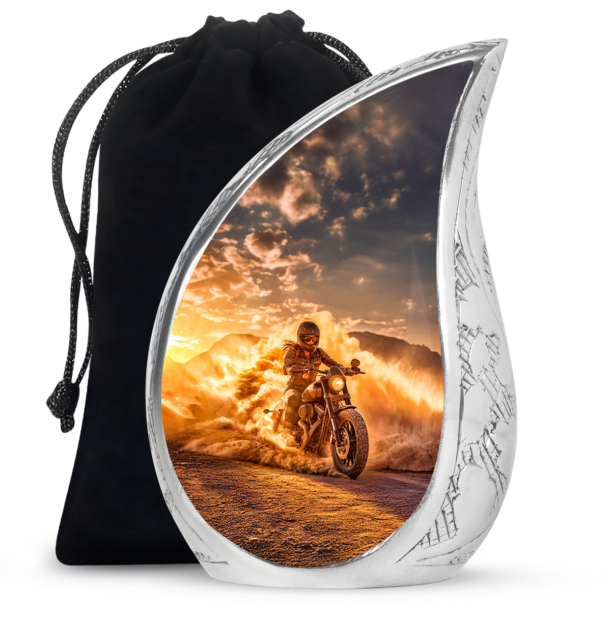 Sunrise Gold Bike Cremation Urn front view showing detailed design - rounded teardrop bike design with delicate detail - full-size 10 inch 200 cubic inch adult cremation urn