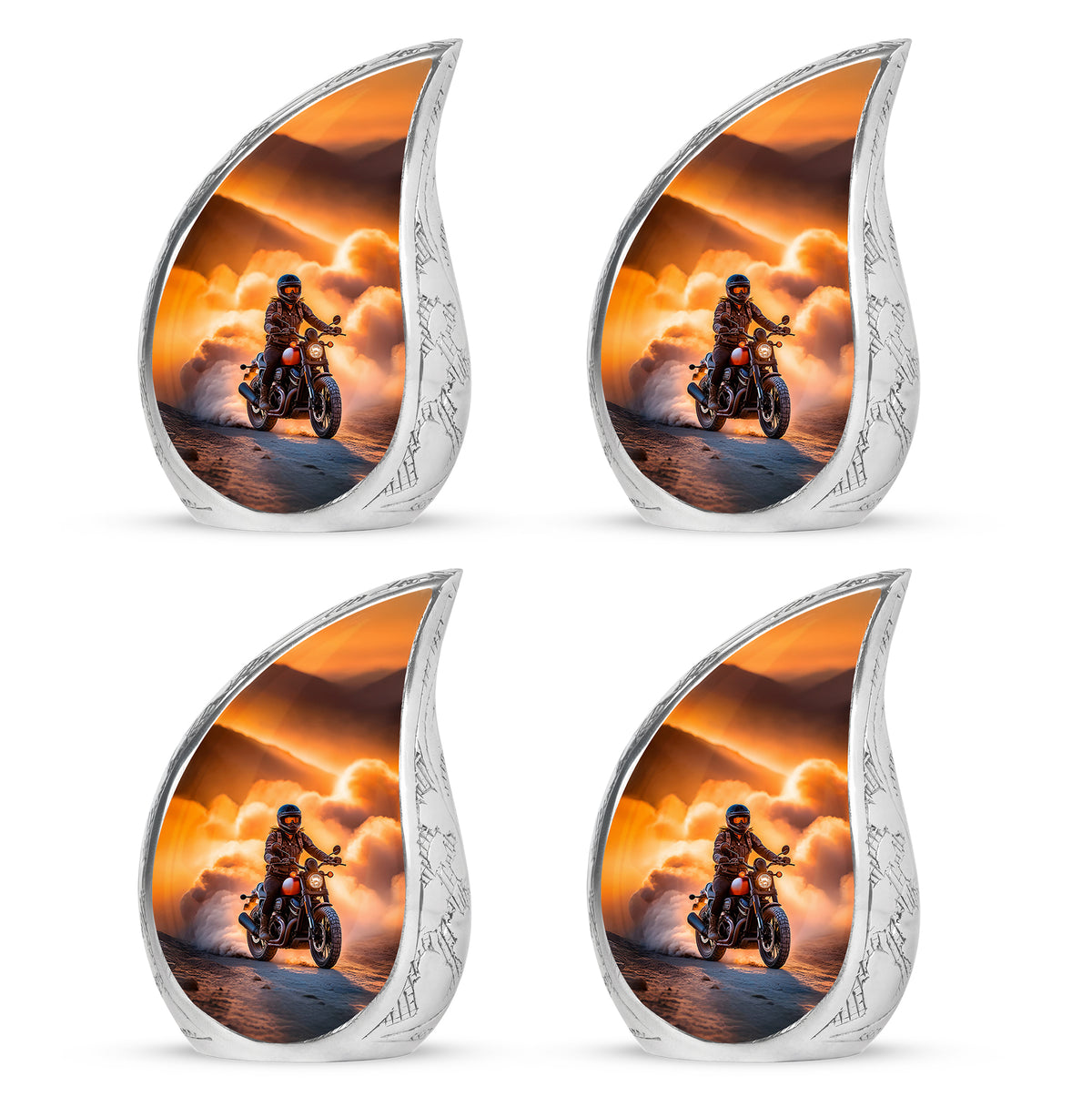 Warm Gold Bike Cremation Urn close-up of engraving and surface detail - smooth teardrop contour featuring bike art - 10 inch aluminum urn for cremated remains