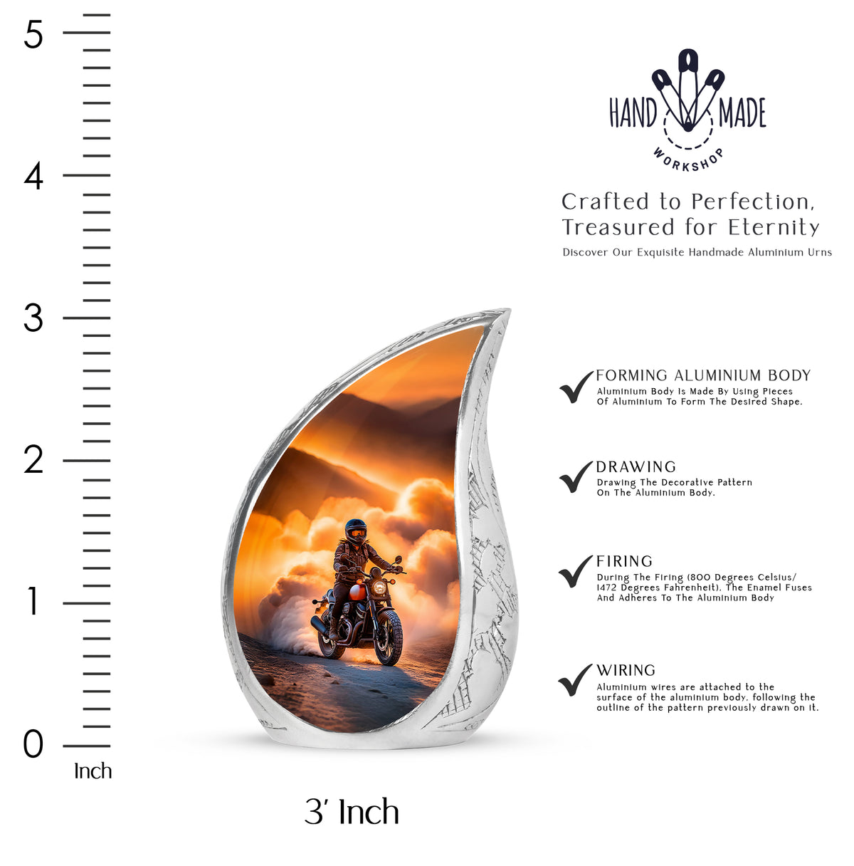 Warm Gold Bike Cremation Urn angled view of lid and engraved motif - graceful tear-shaped urn with bike motif - mini keepsake memorial for portion of cremation ashes