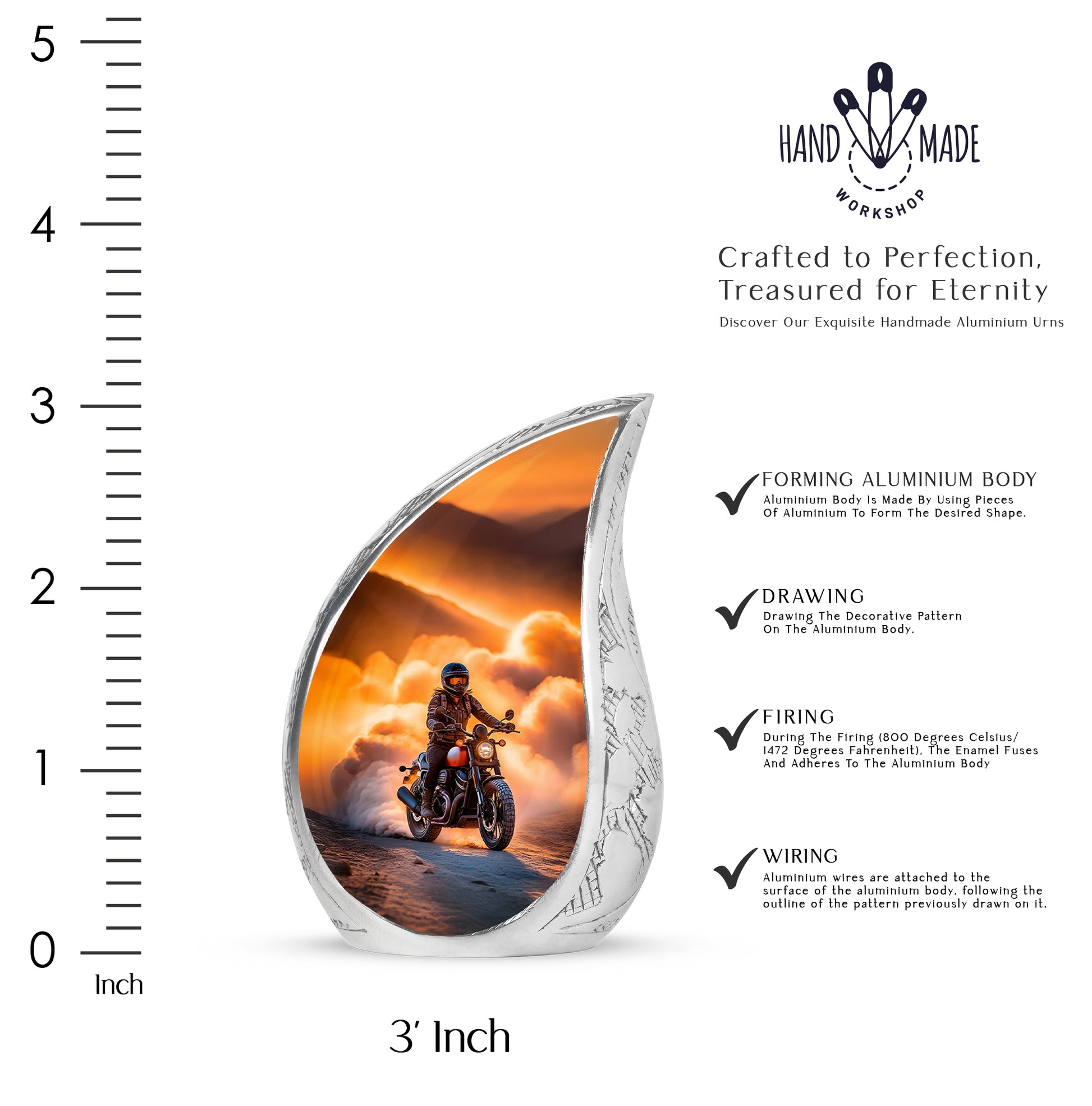 Warm Gold Bike Cremation Urn angled view of lid and engraved motif - graceful tear-shaped urn with bike motif - mini keepsake memorial for portion of cremation ashes