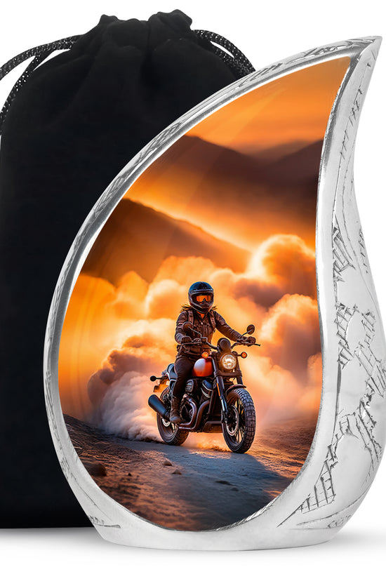 Matte Gold Bike Cremation Urn front view showing detailed design - smooth teardrop contour featuring bike art - full-size 10 inch 200 cubic inch adult cremation urn