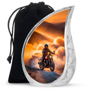 Matte Gold Bike Cremation Urn front view showing detailed design - smooth teardrop contour featuring bike art - full-size 10 inch 200 cubic inch adult cremation urn