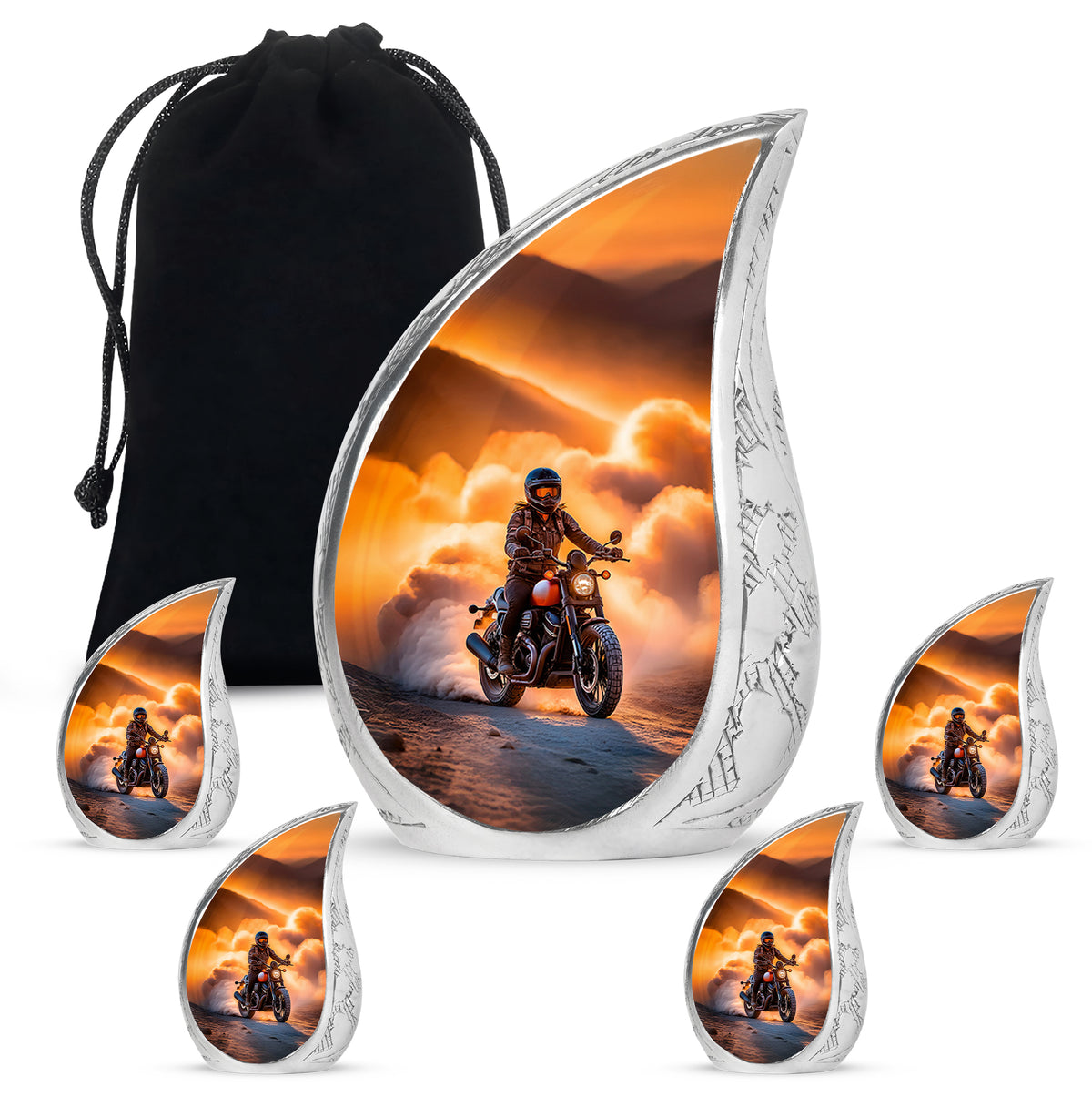 Burnished Gold Bike Cremation Urn side profile showing urn shape - smooth teardrop contour featuring bike art - memorial set with one large and four small urns