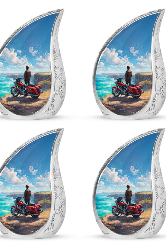 Sapphire Blue Bike Cremation Urn close-up of engraving and surface detail - smooth teardrop contour featuring bike art - 10 inch aluminum urn for cremated remains