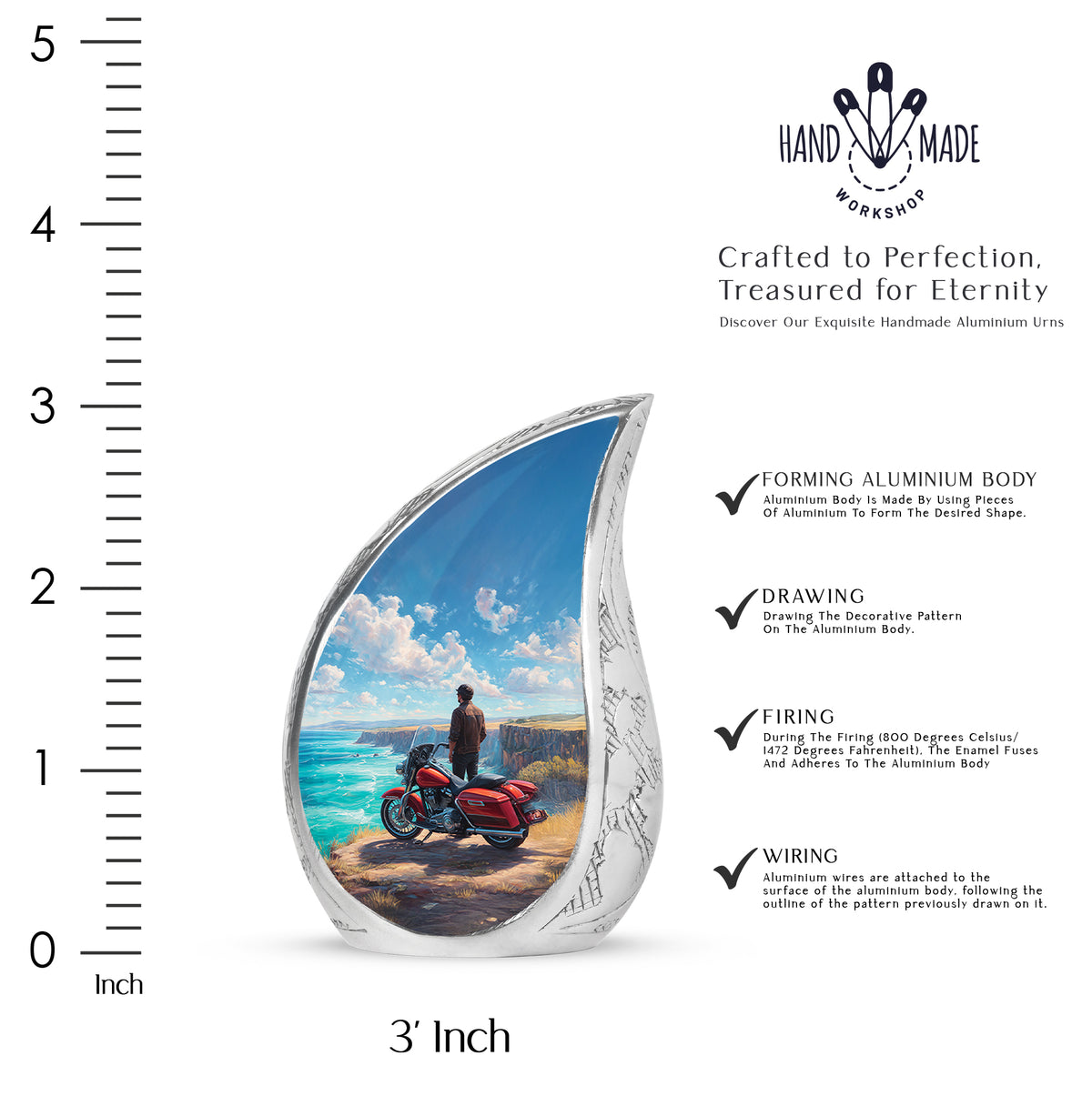 Royal Blue Bike Cremation Urn angled view of lid and engraved motif - graceful tear-shaped urn with bike motif - mini keepsake memorial for portion of cremation ashes