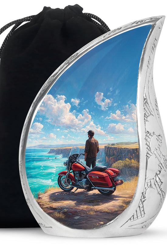 Azure Bike Cremation Urn front view showing detailed design - rounded teardrop bike design with delicate detail - full-size 10 inch 200 cubic inch adult cremation urn