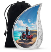 Azure Bike Cremation Urn front view showing detailed design - rounded teardrop bike design with delicate detail - full-size 10 inch 200 cubic inch adult cremation urn
