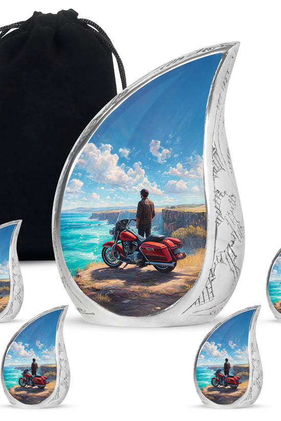 Icy Blue Bike Cremation Urn side profile showing urn shape - flowing teardrop bike silhouette on curved aluminum - memorial set with one large and four small urns